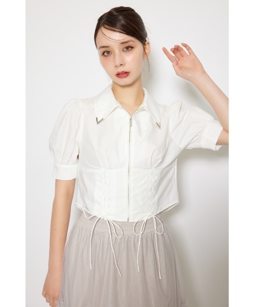 rienda(リエンダ)の「コンパクトレースアップブラウス 夏服 半袖 秋服(シャツ/ブラウス・レディース・グレー系その他/ベージュ系その他/ホワイト・MEDIUM/SMALL)」の4枚目の写真