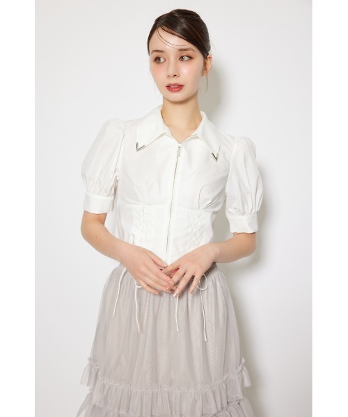 rienda(リエンダ)の「コンパクトレースアップブラウス 夏服 半袖 秋服(シャツ/ブラウス・レディース・グレー系その他/ベージュ系その他/ホワイト・MEDIUM/SMALL)」の5枚目の写真