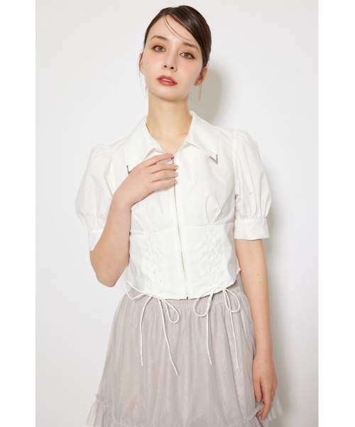 rienda(リエンダ)の「コンパクトレースアップブラウス 夏服 半袖 秋服(シャツ/ブラウス・レディース・グレー系その他/ベージュ系その他/ホワイト・MEDIUM/SMALL)」の6枚目の写真