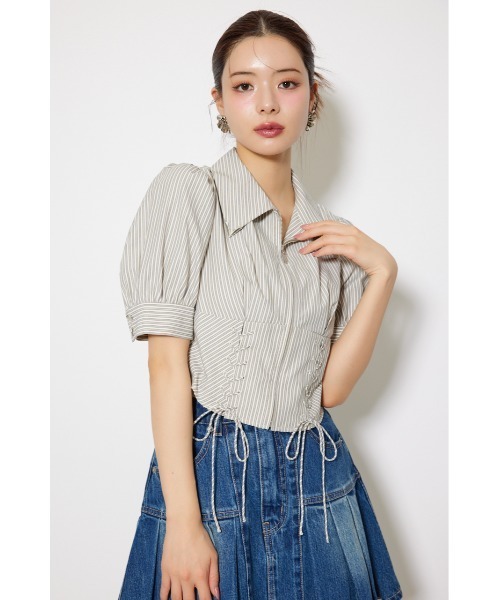 rienda(リエンダ)の「コンパクトレースアップブラウス 夏服 半袖 秋服(シャツ/ブラウス・レディース・グレー系その他/ベージュ系その他/ホワイト・MEDIUM/SMALL)」の12枚目の写真