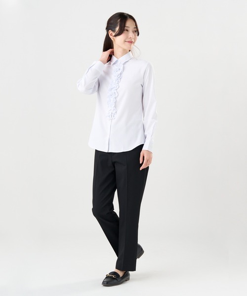 TOKYO SHIRTS（トウキョウシャツ）の「【吸水速乾】【COFREX】前立ミニフリルブラウス 長袖 レディースデザインシャツ（シャツ/ブラウス・レディース・ブルー・S/M/L/LL/XL）」の6枚目の写真