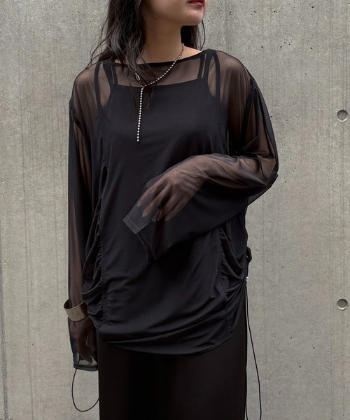 &g'aime（アンジェム）の「【&g'aime】シアーギャザーチュニック　Sheer Gathered Tunic（シャツ/ブラウス・レディース・ブラック/アイボリー/チャコールグレー・FREE）」の3枚目の写真