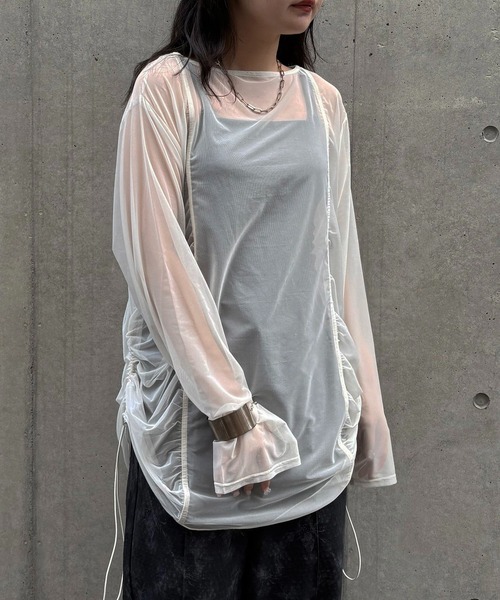&g'aime（アンジェム）の「【&g'aime】シアーギャザーチュニック　Sheer Gathered Tunic（シャツ/ブラウス・レディース・ブラック/アイボリー/チャコールグレー・FREE）」の4枚目の写真