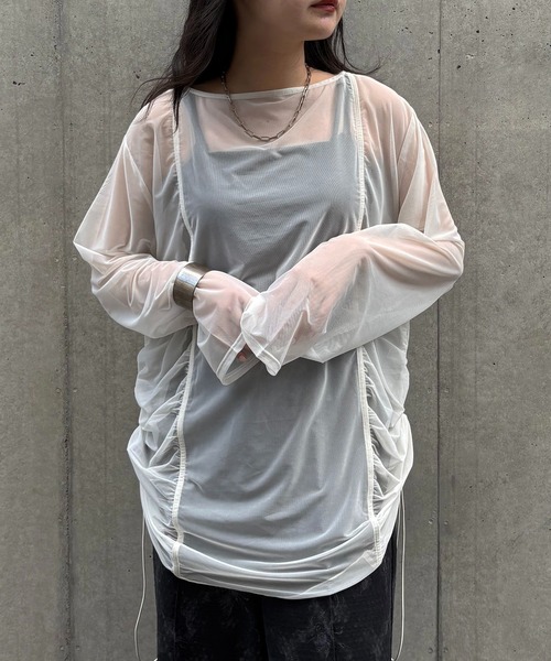 &g'aime（アンジェム）の「【&g'aime】シアーギャザーチュニック　Sheer Gathered Tunic（シャツ/ブラウス・レディース・ブラック/アイボリー/チャコールグレー・FREE）」の5枚目の写真