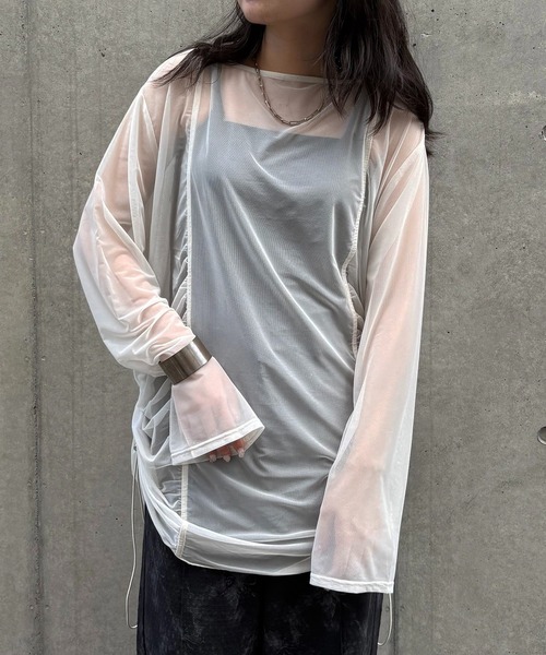 &g'aime（アンジェム）の「【&g'aime】シアーギャザーチュニック　Sheer Gathered Tunic（シャツ/ブラウス・レディース・ブラック/アイボリー/チャコールグレー・FREE）」の6枚目の写真