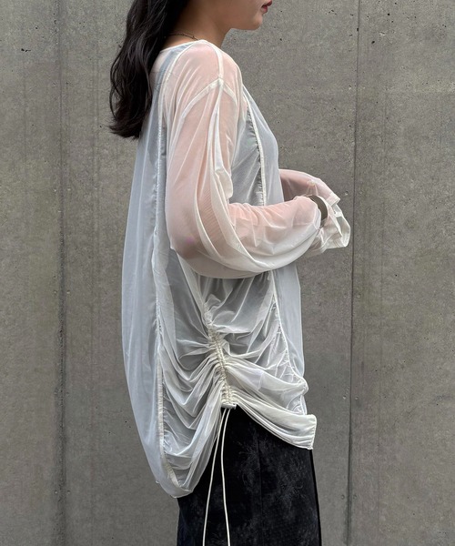&g'aime（アンジェム）の「【&g'aime】シアーギャザーチュニック　Sheer Gathered Tunic（シャツ/ブラウス・レディース・ブラック/アイボリー/チャコールグレー・FREE）」の8枚目の写真