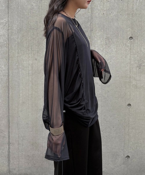 &g'aime（アンジェム）の「【&g'aime】シアーギャザーチュニック　Sheer Gathered Tunic（シャツ/ブラウス・レディース・ブラック/アイボリー/チャコールグレー・FREE）」の20枚目の写真