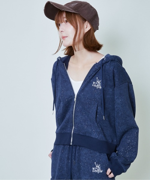 セール】《ラメ入り×ロゴ刺繍》レディース ジップアップパーカー 長袖