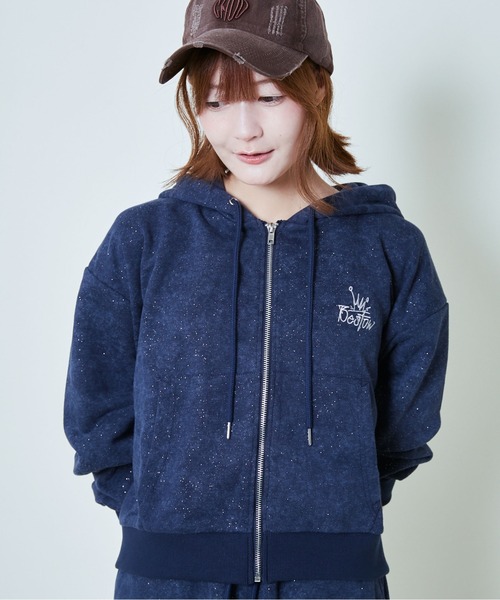 GORGE(ゴージ)の「《ラメ入り×ロゴ刺繍》レディース ジップアップパーカー 長袖 スウェット 春秋冬(パーカー・レディース・ネイビー/オフホワイト/ブラック/ピンク/ブルー/カモフラージュ・F)」の21枚目の写真
