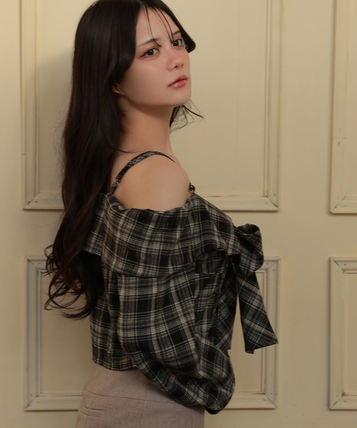 M DOLLY（エムドリー）の「check ribbon carina tops/チェックリボンカリーナトップス（Tシャツ/カットソー・レディース・ブラウン/ブラック・FREE）」の5枚目の写真