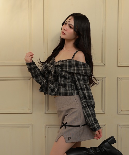 M DOLLY（エムドリー）の「check ribbon carina tops/チェックリボンカリーナトップス（Tシャツ/カットソー・レディース・ブラウン/ブラック・FREE）」の6枚目の写真