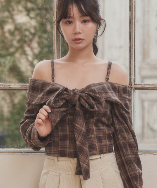 M DOLLY（エムドリー）の「check ribbon carina tops/チェックリボンカリーナトップス（Tシャツ/カットソー・レディース・ブラウン/ブラック・FREE）」の9枚目の写真