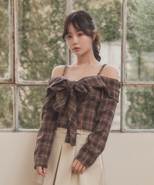 M DOLLY（エムドリー）の「check ribbon carina tops/チェックリボンカリーナトップス（Tシャツ/カットソー・レディース・ブラウン/ブラック・FREE）」の10枚目の写真