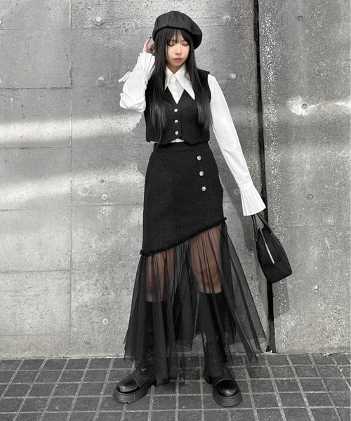 LVEU.（ラブユ.）の「【LVEU.】ツイードクロップドベスト / トップス ツイード クロップド ショート ベルト レイヤード セットアップ ブラック モード（ベスト・レディース・ブラック・FREE）」の19枚目の写真