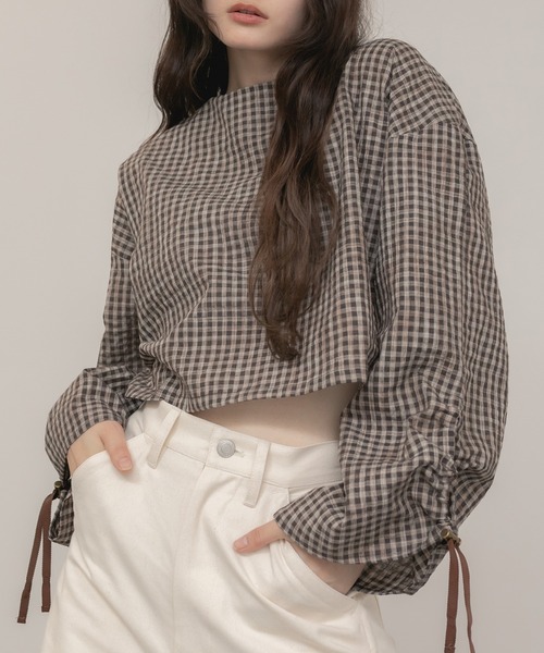 セール】チェック柄バックオープンドロストブラウス/ブラウン モカ