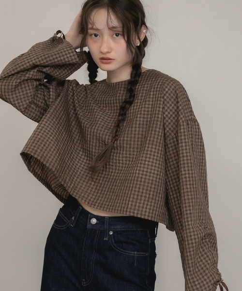 ブラウン系チェック パフスリーブブラウス ems エムズエキサイト ブラウン チェック柄 パフスリーブ ブラウス