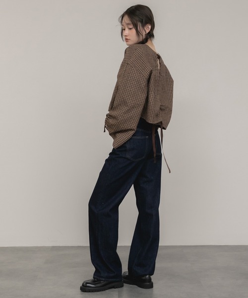 セール】チェック柄バックオープンドロストブラウス/ブラウン モカ