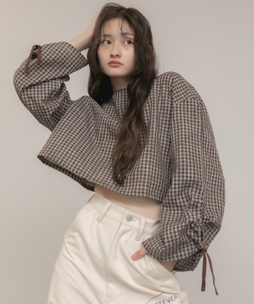 セール】チェック柄バックオープンドロストブラウス/ブラウン モカ