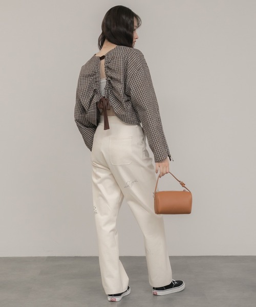 セール】チェック柄バックオープンドロストブラウス/ブラウン モカ