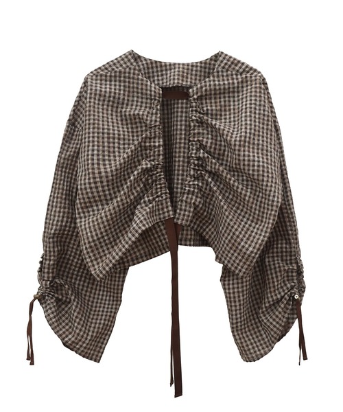 セール】チェック柄バックオープンドロストブラウス/ブラウン モカ