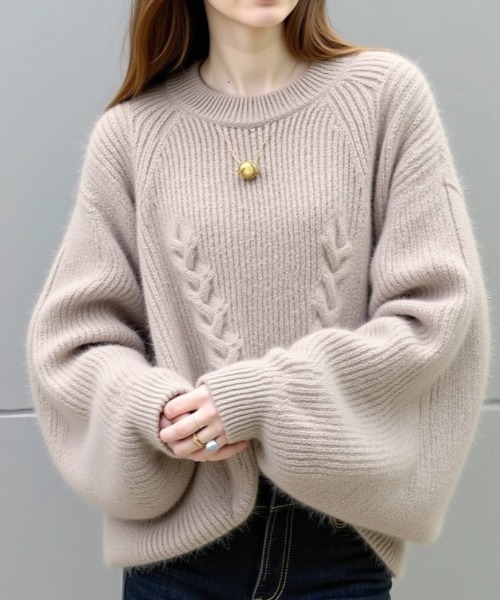 cammie(キャミー)の「モヘアケーブルニットトップス(ニット/セーター・レディース・ブルー/アイボリー/グレイッシュベージュ・F)」の3枚目の写真