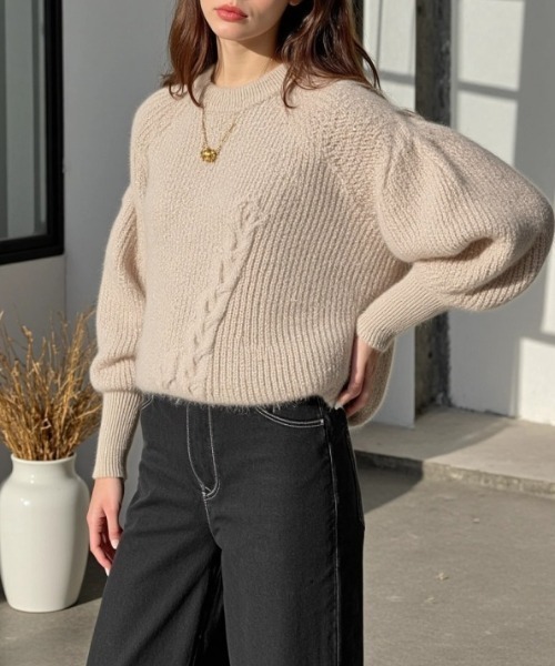 cammie(キャミー)の「モヘアケーブルニットトップス(ニット/セーター・レディース・ブルー/アイボリー/グレイッシュベージュ・F)」の15枚目の写真