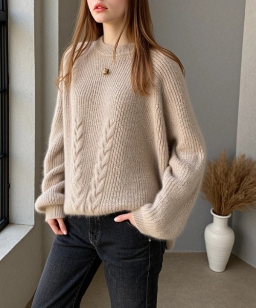 cammie(キャミー)の「モヘアケーブルニットトップス(ニット/セーター・レディース・ブルー/アイボリー/グレイッシュベージュ・F)」の16枚目の写真