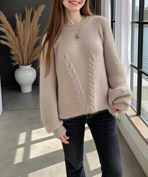 cammie(キャミー)の「モヘアケーブルニットトップス(ニット/セーター・レディース・ブルー/アイボリー/グレイッシュベージュ・F)」の17枚目の写真