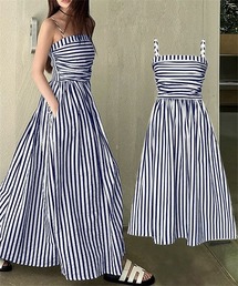 バックシャーリング ストライプ柄キャミワンピース