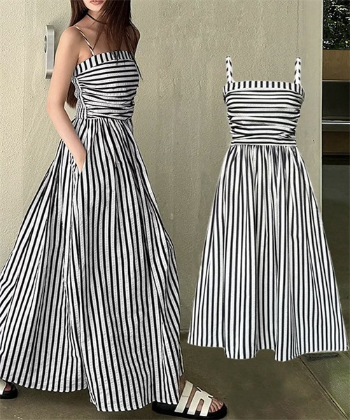 FREE STYLISTS(フリー スタイリスト)の「バックシャーリング ストライプ柄キャミワンピース(ワンピース・レディース・ブラック/ピンク/ブルー・S/M/L)」の16枚目の写真