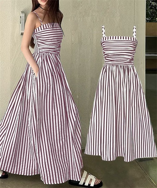 FREE STYLISTS(フリー スタイリスト)の「バックシャーリング ストライプ柄キャミワンピース(ワンピース・レディース・ブラック/ピンク/ブルー・S/M/L)」の9枚目の写真
