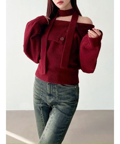 RESEXXY(リゼクシー)の「ビックカラーチョーカーニットトップス(ニット/セーター・レディース・ホワイト/グレー/レッド・FREE)」の3枚目の写真