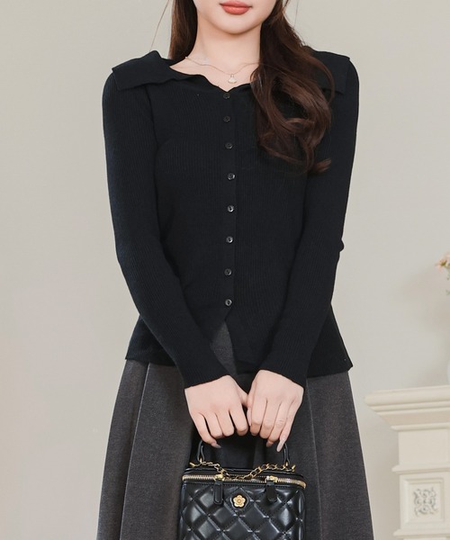 Anely（アネリー）の「ビッグカラー リブ 長袖 ニット カーディガン（カーディガン/ボレロ・レディース・グレイッシュベージュ/アイボリー/ブラック・FREE）」の4枚目の写真
