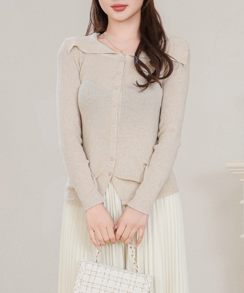 Anely（アネリー）の「ビッグカラー リブ 長袖 ニット カーディガン（カーディガン/ボレロ・レディース・グレイッシュベージュ/アイボリー/ブラック・FREE）」の8枚目の写真