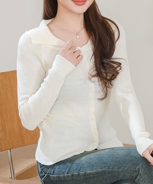 Anely（アネリー）の「ビッグカラー リブ 長袖 ニット カーディガン（カーディガン/ボレロ・レディース・グレイッシュベージュ/アイボリー/ブラック・FREE）」の13枚目の写真