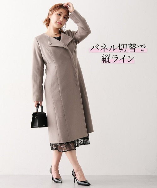 Nissen glamor(ニッセングラマー)の「【大きい胸専用】ウール混ノーカラーロングコート(ノーカラーコート・レディース・ブラック/ベージュ・M/L/LL)」の12枚目の写真