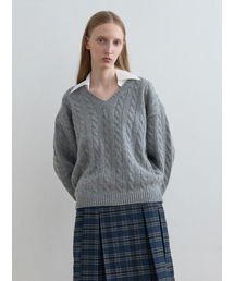 Shirt Collar V-Neck Knit Melange Grey