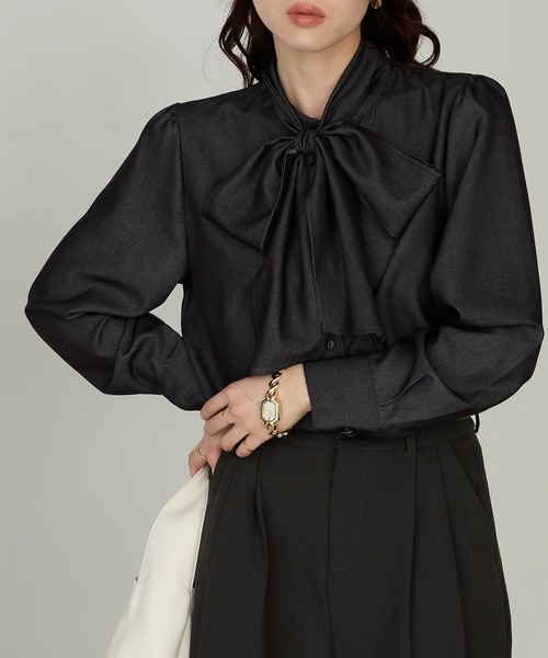 Cherir Mignon(シェリルミニョン)の「【Cherir Mignon】ビッグリボンボウタイシャツ(シャツ/ブラウス・レディース・ブルー/ブラック/ネイビー・FREE)」の9枚目の写真
