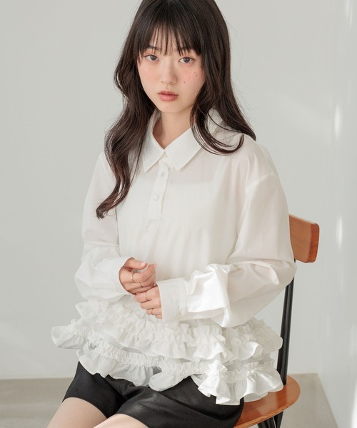 Heather（ヘザー）の「ボリュームフリルヘムシャツ　644834（シャツ/ブラウス・レディース・アイボリー/ブラック系その他/ブルー・FREE）」の14枚目の写真