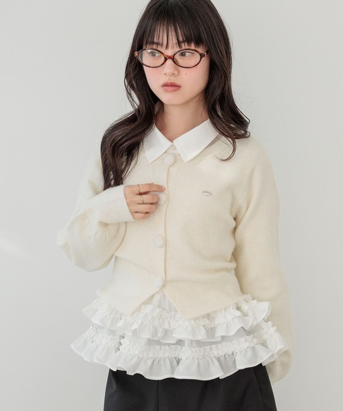 ボリュームフリルヘムシャツ カーディガンセット Heather クルミボタンカーディガン ボリュームフリルヘムシャツ セット
