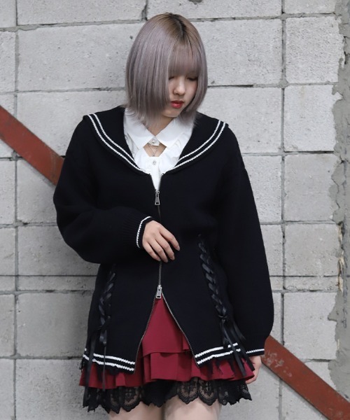 NIBBLE POISON(ニブルポイズン)の「ダメージセーラーニットカーディガン(カーディガン/ボレロ・レディース・ブラック/ピンク・MEDIUM)」の6枚目の写真
