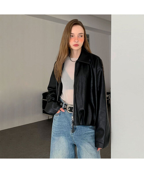 VASCARA(バスカラ)の「Faux Leather Shirring Zip-up Jacket (2colors)(ライダースジャケット・レディース・ブラック/ブラウン・FREE)」の1枚目の写真
