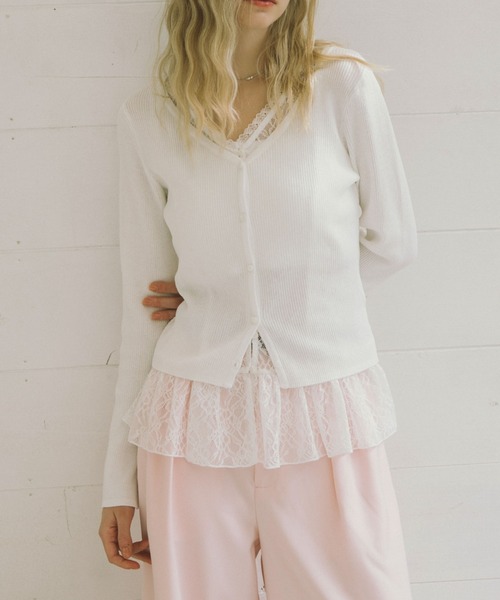 archives（アルシーヴ）の「レイヤードレースＴＯＰＳ×ニットカーディガンＳＥＴ（ニット/セーター・レディース・イエロー/オフホワイト/グレー/ブラック・MEDIUM）」の6枚目の写真