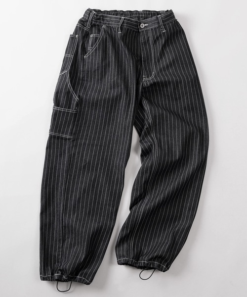 make a ray!（メイク ア レイ！）の「【82】ワンウォッシュ/ストライプ/ヒッコリー デニムペインターパンツ/ドローコード付/アメカジ（デニムパンツ・メンズ・ネイビー/ネイビー系/ワンウォッシュ/ブラック・L/M）」の2枚目の写真