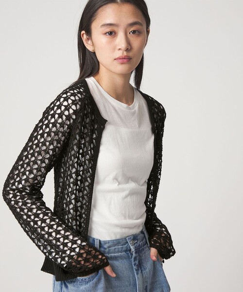 CITEN（シテン）の「＜CITEN＞メッシュニットカーディガン（カーディガン/ボレロ・レディース・ブラック/ライム/オフホワイト・FREE）」の6枚目の写真