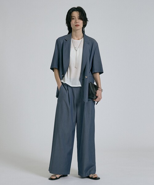 qualite（カリテ）の「【接触冷感＆セットアップ対応】ライトデニムハーフスリーブジャケット/春服/夏服/オフィスカジュアル/きれいめ（テーラードジャケット・レディース・インディゴブルー/ベージュ・38/36）」の7枚目の写真