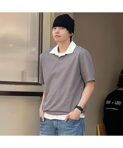MINDBRIDGE(マインドブリッジ)の「ワッフル生地配色カラーセミオーバーTシャツ - 2色(ポロシャツ・メンズ・グレー/ブラウン・95/100/105/110)」の2枚目の写真