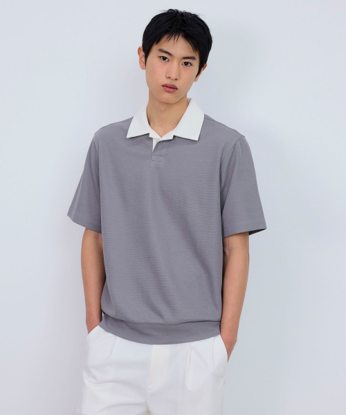 MINDBRIDGE(マインドブリッジ)の「ワッフル生地配色カラーセミオーバーTシャツ - 2色(ポロシャツ・メンズ・グレー/ブラウン・95/100/105/110)」の11枚目の写真