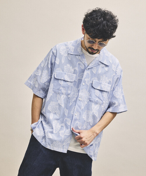FREAK'S STORE(フリークスストア)の「インド製 リラックスフィット カットジャカード ストライプ オープンカラーシャツ ショートスリーブ(シャツ/ブラウス・メンズ・グレー/サックスブルー・MEDIUM/LARGE)」の20枚目の写真