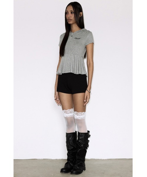 FANCY CLUB(ファンシークラブ)の「A'GEM/9 × .kom 『FANCY CLUB/ファンシークラブ』STRIPE HOOD FLARE TOP/ボーダーフードフレア半袖トップス(Tシャツ/カットソー・レディース・グレー/ブラック・FREE)」の12枚目の写真